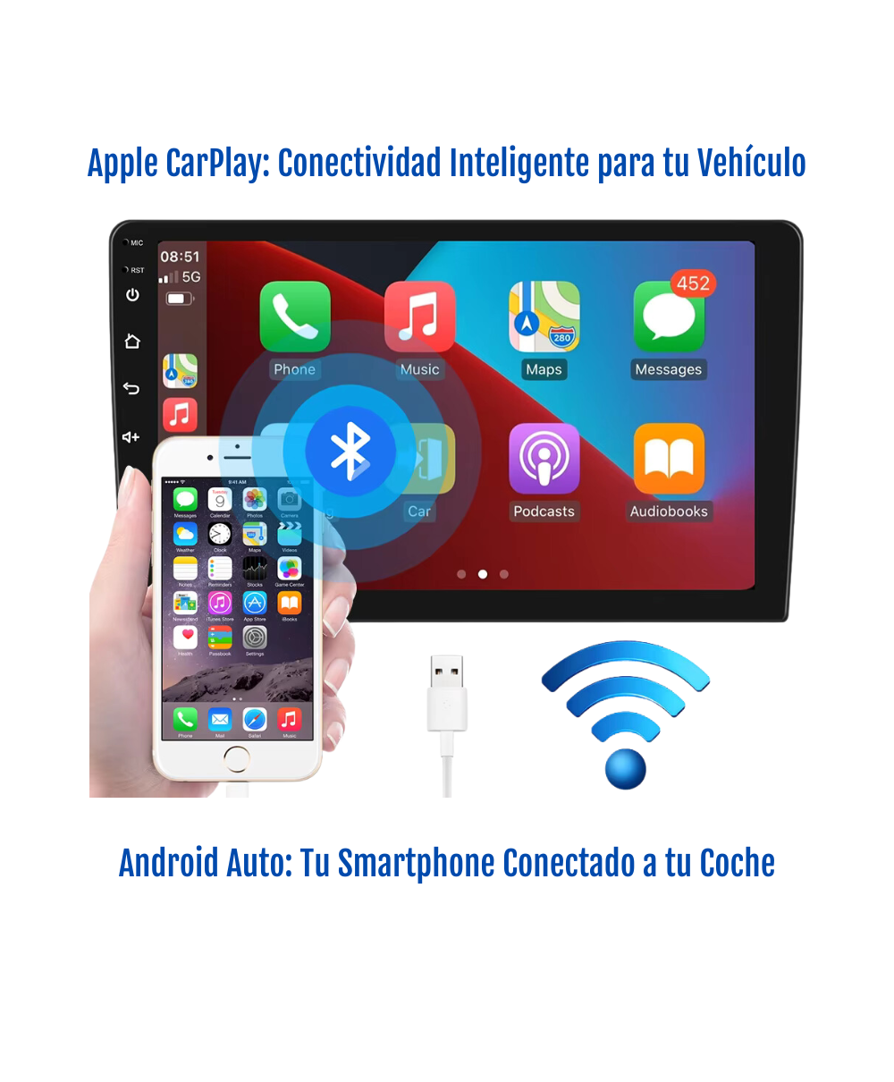 Sleek car multimedia system featuring Apple CarPlay and Android Auto connectivity, allowing seamless integration of smartphone functions for enhanced in-vehicle experience.